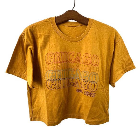Chicago Boxy T-Shirt Medium Yellow Crewneck Short Sleeve Crop Pullover Design - Picture 1 of 6